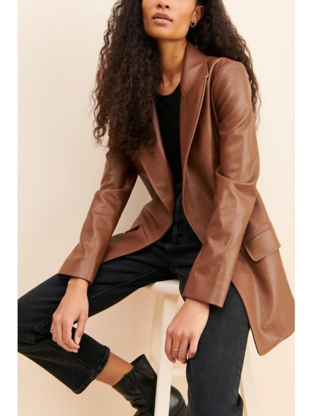 Hutch Faux Leather Brown Blazer Women’s 1X Front Pockets Button Closure